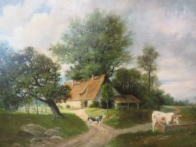 H. HONERTS. Rural wooded landscape with farmstead and cattle, signed and dated 1902 lower left,
