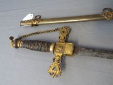 AN EARLY 20TH CENTURY AMERICAN 'KNIGHTS OF THE GOLDEN EAGLE' DRESS SWORD, engraved blade, wire wound