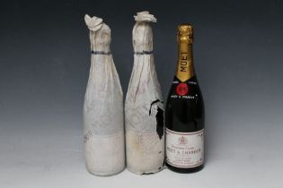 3 BOTTLES OF MOET & CHANDON CHAMPAGNE, two in original tissue wrap with personal sticker on