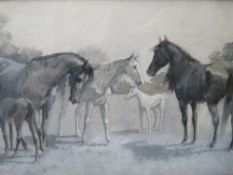 A FORESTIER (XIX). Sketch of horses, noted verso, framed and glazed, 9 x 16 cm
