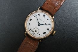A MORTH BROS LIVERPOOL 9CT GOLD TRENCH WATCH WITH OMEGA MOVEMENT, in a Dennison case on leather