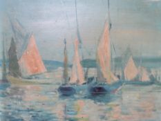 AN IMPRESSIONIST COASTAL SCENE WITH SAILING VESSELS, indistinctly signed and dated 1946 lower right,