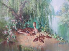 VERNON WARD (1905-1985). Wooded river scene with duck and chicks 'Summer Babies', see verso,
