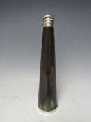 A 19TH CENTURY HORN HUNTING FLASK, with white metal top and banding, H 24 cm