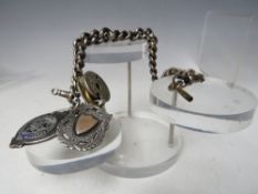 A SILVER POCKET WATCH CHAIN, hallmarked to each link, with two fob medals and a small base metal