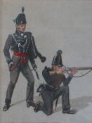 XIX). A study of two military figures 'The 95th or Rifle Corps 1814', unsigned, watercolour,