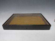 A 19TH CENTURY EBONISED AND GLASS TABLE TOP BIJOUTERIE DISPLAY CABINET, D 5 cm, W 26 cm, L 36 cm