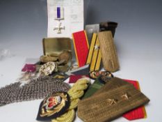 A COLLECTION OF MILITARY BADGES, EPAULETTE'S, reproduction German gallantry medals etc.