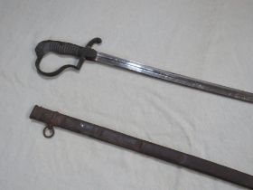 A 19TH CENTURY CONTINENTAL ARTILLERY OFFICERS SWORD, (possibly German), in steel scabbard