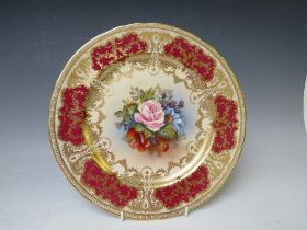 AN AYNSLEY CABBAGE ROSE PATTERN CABINET PLATE SIGNED J.A. BAILEY, with floral pattern to centre