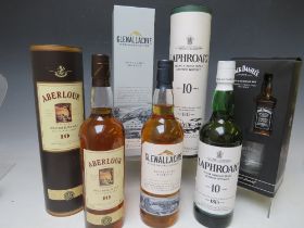 1 BOTTLE OF LAPHROAIG 10 YEARS OLD WHISKY IN GIFT TUBE, together with 1 bottle of Aberlour 10