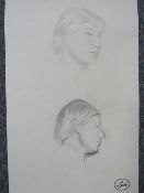 LAMB (XIX-XX). British school, study of two female heads, unsigned but with studio stamp, pencil