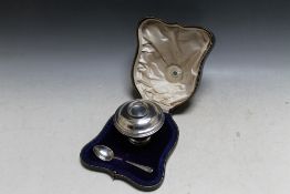 A HALLMARKED BRITANNIA STANDARD SILVER CASED TRAVELLING COMMUNION SET, the bowl having a hammered