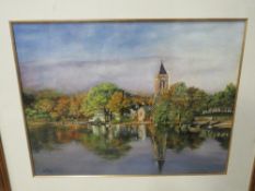 E.J. CAVE. A wooded river scene with church and buildings, signed and dated 1999 lower left, oil