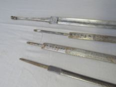 FOUR MISCELLANEOUS SWORD BLADES, one with worn engraved VR cypher, two decorate with horsemen,
