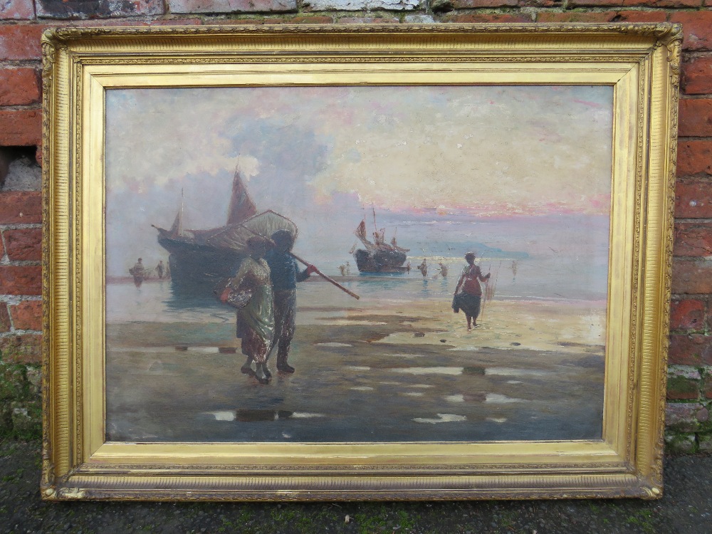 ENGLISH SCHOOL (XIX). A beach scene with fishermen and boats, signed lower left (monogram) and dated - Image 3 of 4