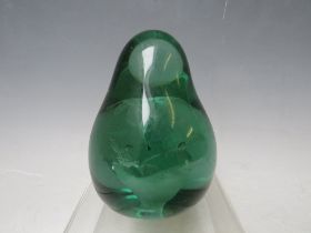 A 19TH CENTURY GLASS PEAR SHAPED DUMP PAPERWEIGHT, with flower inclusions, H 11.5 cm
