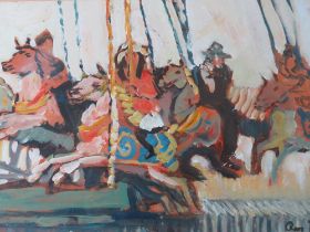 ROSS FOSTER (XX). Impressionist study of figures on a merry-go-round, signed lower right, oil on