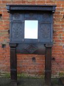 A LATE 17TH / EARLY 18TH CENTURY AND LATER CARVED OAK FIRE SURROUND WITH MIRROR ABOVE, H 210 cm, W