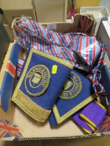 A SMALL TRAY OF MASONIC EPHEMERA CONTAINING A SET OF WARWICKSHIRE DISTRICT CRAFT GAUNTLETS AND