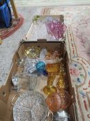 TWO TRAY OF GLASSWARE TO INCLUDE CUT GLASS EXAMPLES, VINTAGE DRESSING TABLE ITEMS