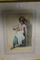 A LATE 19TH / EARLY 20TH CENTURY WATERCOLOUR STUDY OF A SEATED PEASANT WOMAN