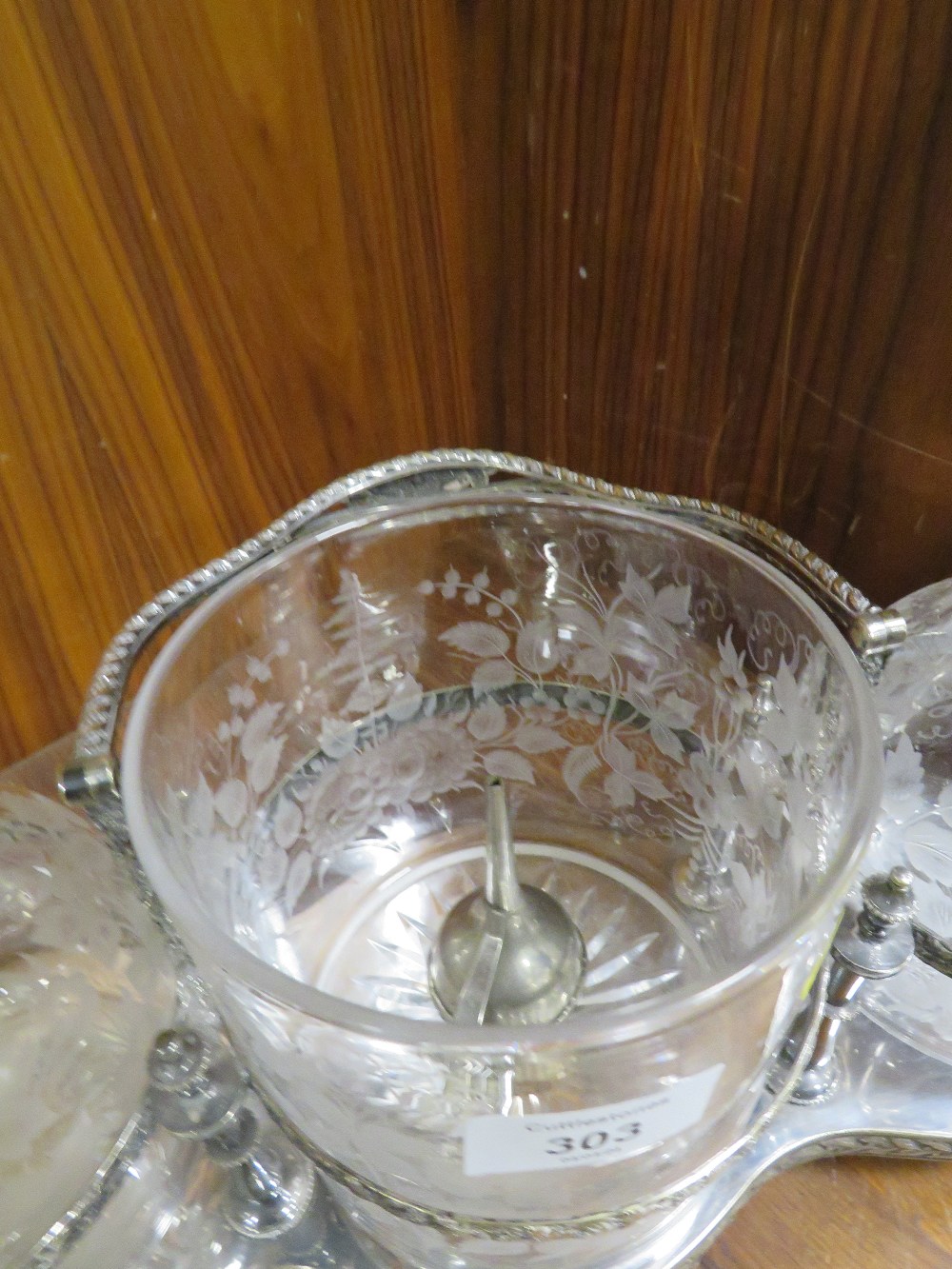 A ELECTRO PLATE DECANTER AND CRACKER BARREL STAND WITH ETCHED GLASS DECANTERS ETC - Image 2 of 3