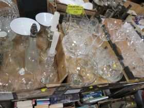 THREE TRAYS OF ASSORTED GLASSWARE TO INCLUDE COCKTAIL SHAKER AND MATCHING GLASSES, CUT GLASS BOWL