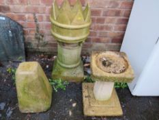 A CASTELLATED CHIMNEY POT A/F TOGETHER WITH A SANDSTONE TYPE BIRD BATH AND A STADDLE STONE TYPE