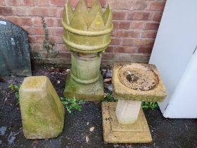 A CASTELLATED CHIMNEY POT A/F TOGETHER WITH A SANDSTONE TYPE BIRD BATH AND A STADDLE STONE TYPE