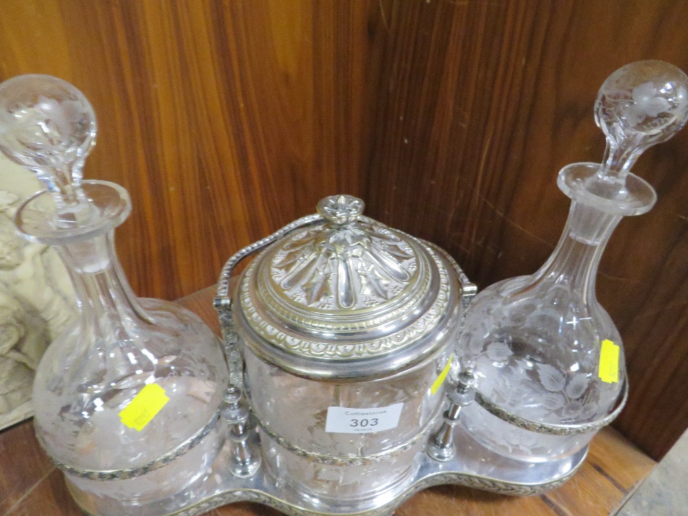 A ELECTRO PLATE DECANTER AND CRACKER BARREL STAND WITH ETCHED GLASS DECANTERS ETC
