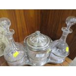 A ELECTRO PLATE DECANTER AND CRACKER BARREL STAND WITH ETCHED GLASS DECANTERS ETC