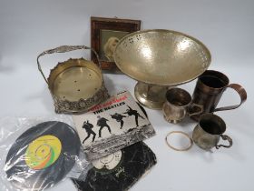 A BOX OF ASSORTED METAL WARE ETC TO INCLUDE A TWIST AND SHOUT REVOLUTION BEATLES SINGLES ETC