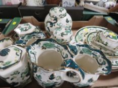 A TRAY OF MASONS CHARTREUSE CERAMICS TO INCLUDE JUGS, PLATES AND GINGER JARS
