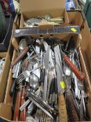 A TRAY OF ASSORTED FLATWARE , CUTLERY ETC