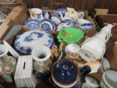 TWO TRAYS OF ASSORTED CERAMICS TO INCLUDE AYNSLEY LAMP, BLUE/WHITE WARE ETC