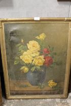 AN OIL ON CANVAS STILE LIFE DEPICTING FLOWERS IN A VASE