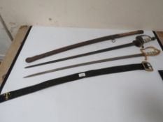 THREE VINTAGE SWORDS A/F TOGETHER WITH A NAVEL LEATHER BELT
