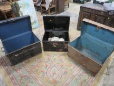 THREE VINTAGE TIN TRUNKS - ONE CONTAINING A SELECTION OF DEED MAPS ETC