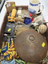 SMALL TRAY OF COLLECTABLES INCLUDING A COPPER FLASK, PLANES ETC