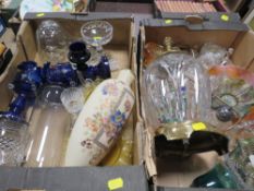 TWO TRAYS OF GLASSWARE TO INCLUDE CUT GLASS AND LUSTRE EXAMPLE , CARNIVAL GLASS LAMP ETC