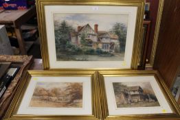 THREE GILT FRAMED SIGNED WATERCOLOURS DEPICTING HOUSES (3)