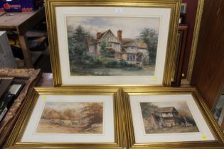 THREE GILT FRAMED SIGNED WATERCOLOURS DEPICTING HOUSES (3)