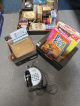 TWO TRAYS OF VINTAGE COLLECTABLE TINS TOGETHER WITH TWO TRAYS OF VINTAGE GAMES ETC