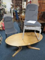 AN UNBOXED PAIR OF KEILA GREY DINING CHAIRS AND AN UNBOXED NATURAL OAK FAWLER COFFEE TABLE