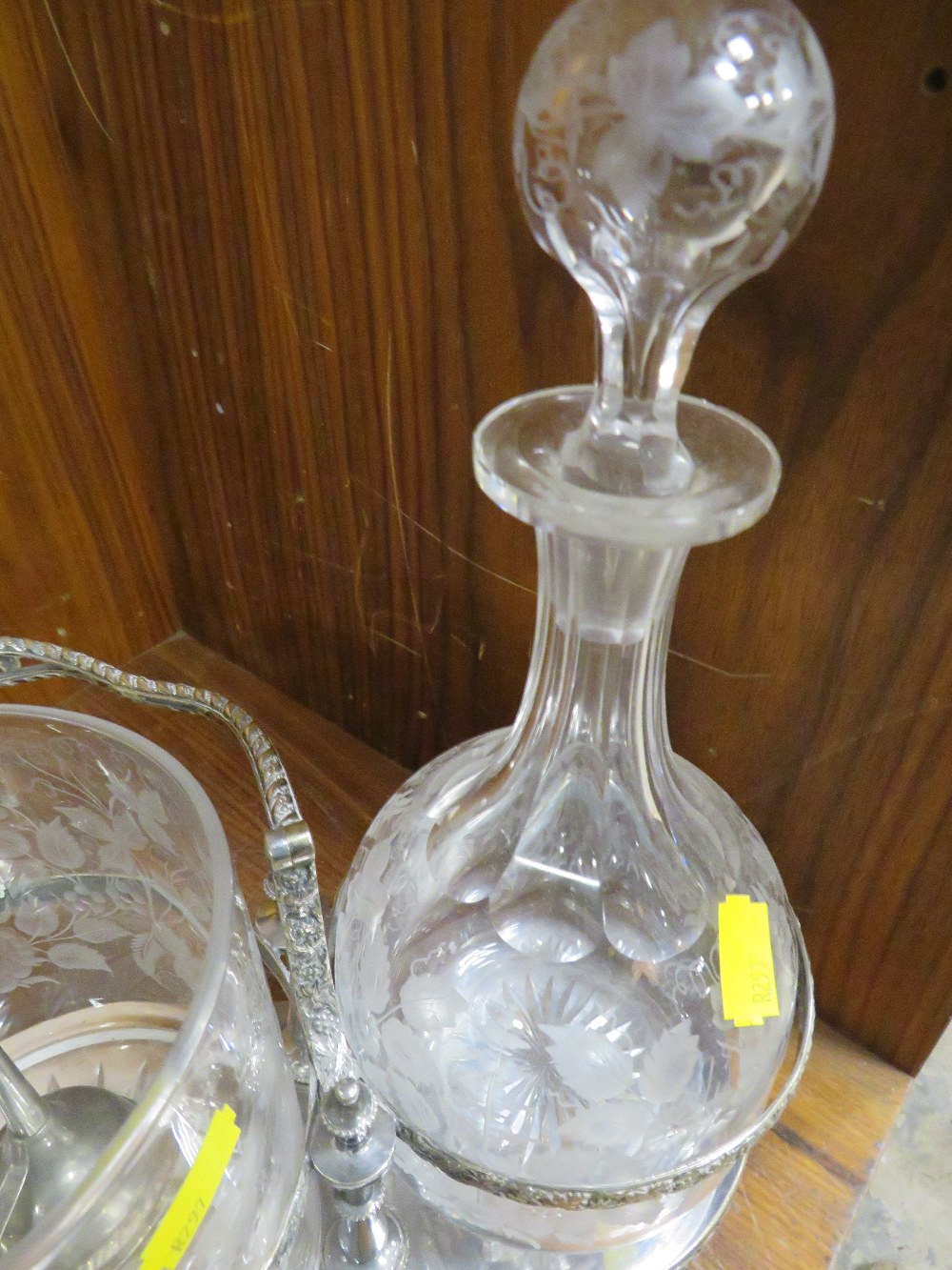 A ELECTRO PLATE DECANTER AND CRACKER BARREL STAND WITH ETCHED GLASS DECANTERS ETC - Image 3 of 3