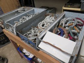 FOUR GALVANIZED TOTE BOXES / TRAYS OF HORSESHOES