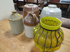 FOUR ASSORTED STONEWARE FLAGONS/BARRELS AND A GLASS VASE