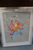 A FRAMED AND GLAZED MIXED MEDIA PAINTING OF A COMICAL CAT "STRATO'CAT'STER' BY BILL HENRY EDGE,