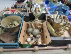 THREE TRAYS OF METAL WARE ETC TO INCLUDE A LION DOOR KNOCKER, BRASS WATERING CANS ETC TOGETHER